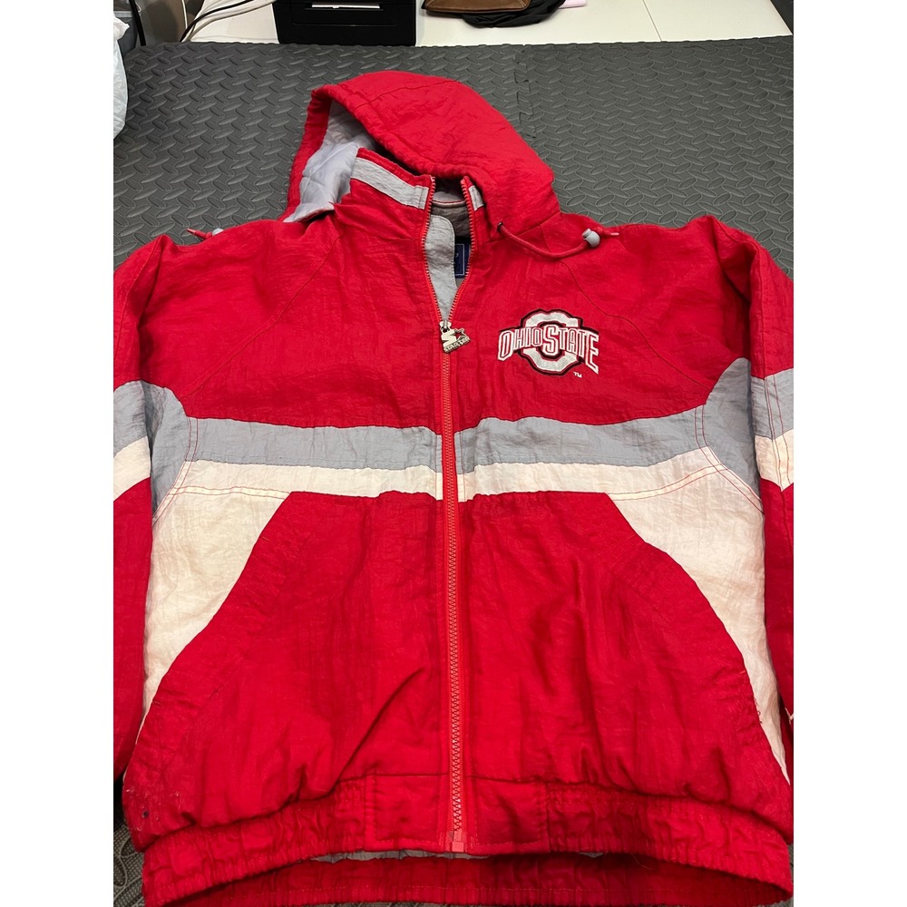 Starter Ohio State Jacket Mens L Red Vintage 90s Hooded Full Zip Windbreaker - Picture 14 of 14